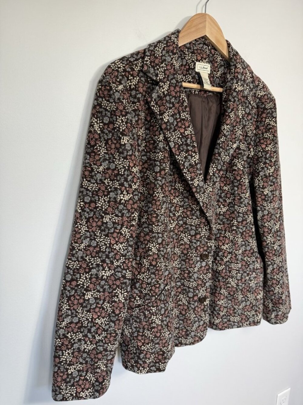 LL Bean Womens Blazer 18 Petite Brown Floral Corduroy Button Jacket Pockets - Picture 4 of 12
